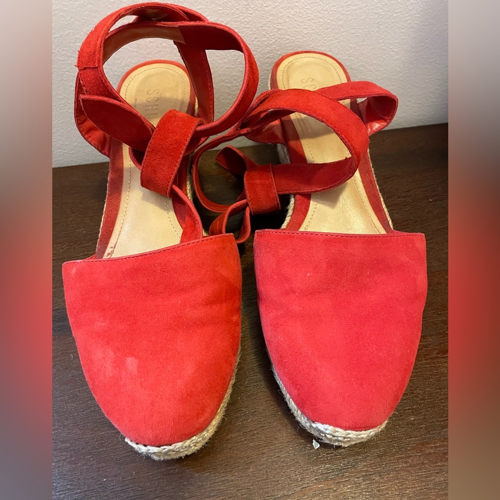 Schutz red suede ankle-wrap espadrille wedges